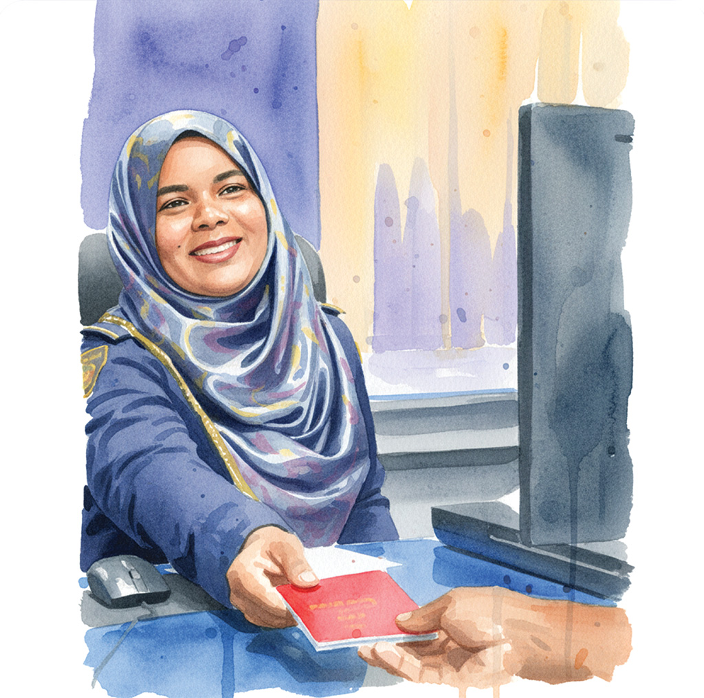 An officer handing over a passport at the counter