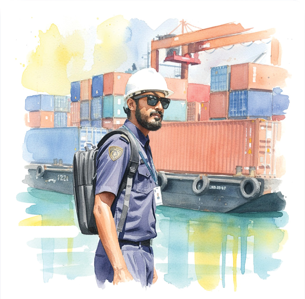 An officer on watch at a seaport