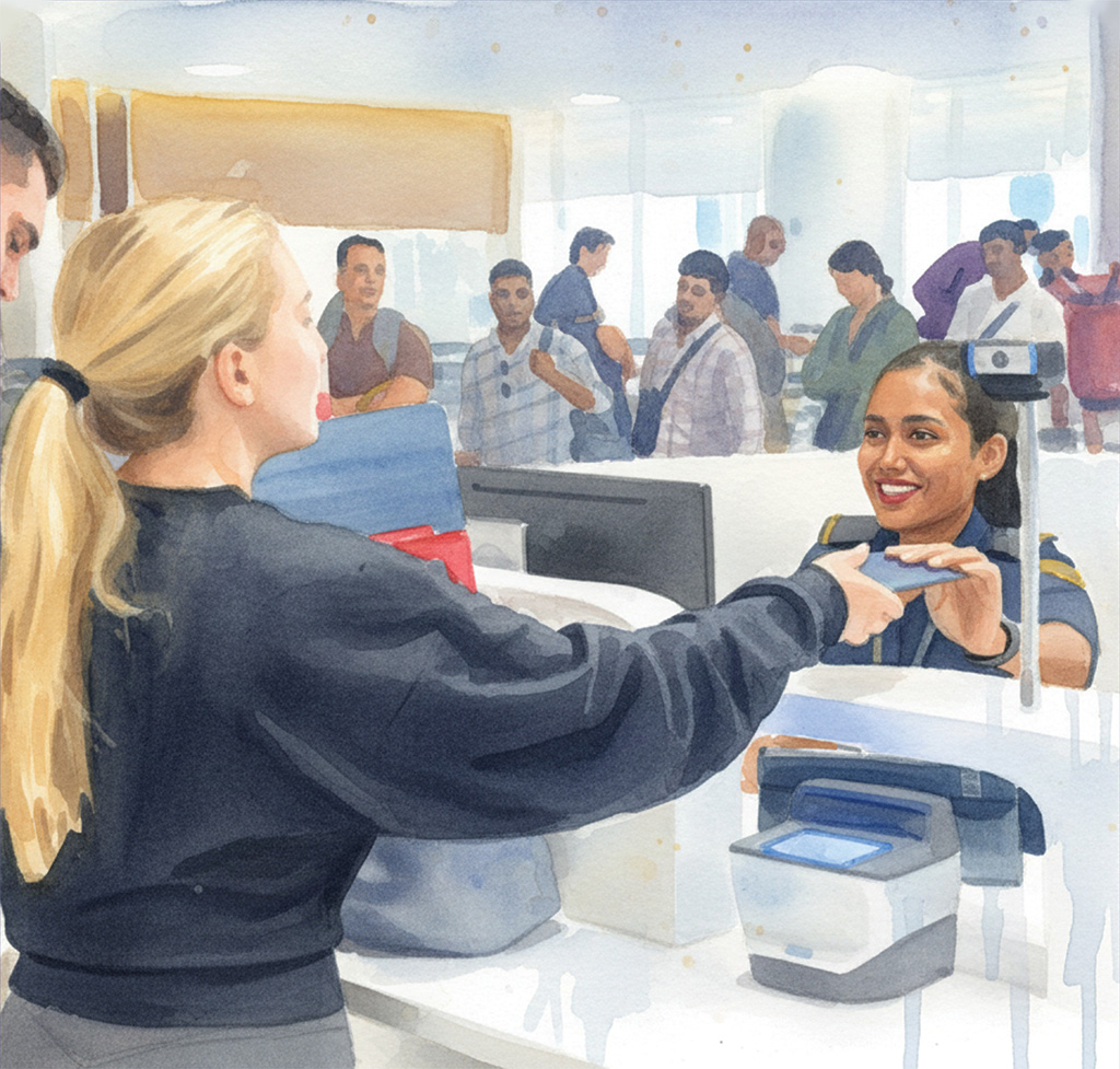 An officer welcoming a traveller at immigration