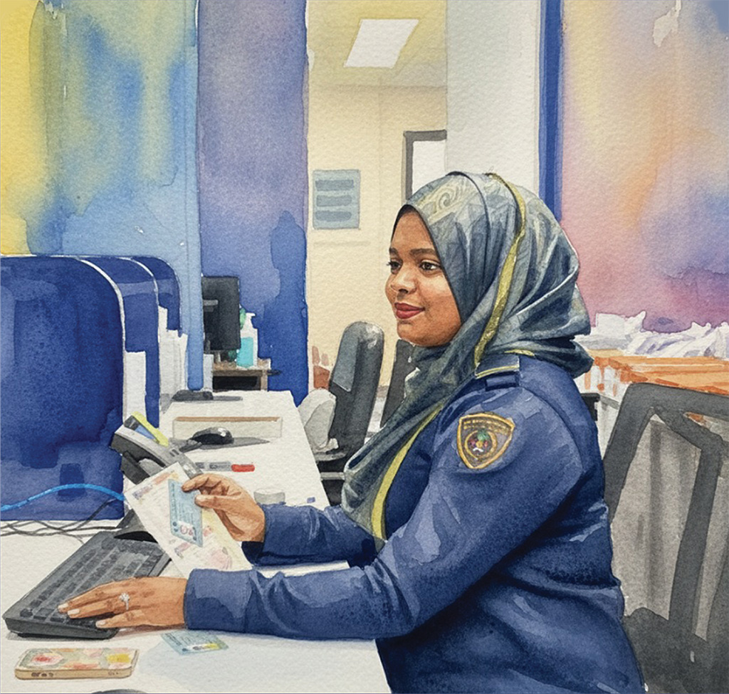 An officer assisting at the service desk