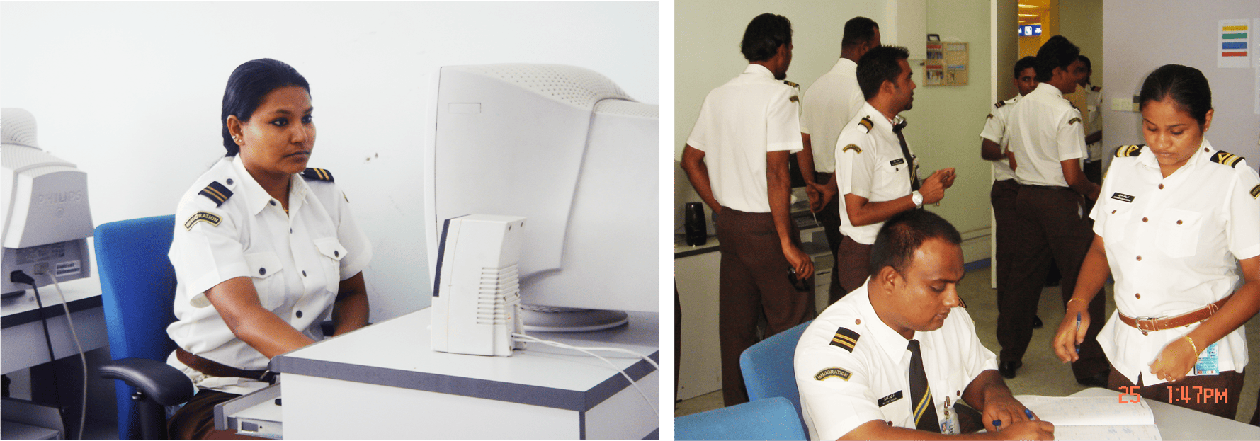 Officers using early computer systems